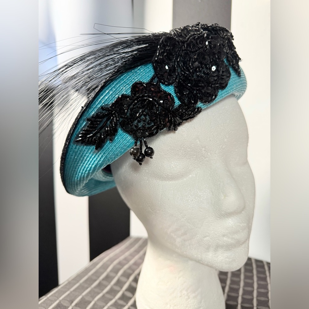 Vintage Turquoise Millinery Hat with Black Sequin Floral Appliqué and Feathers